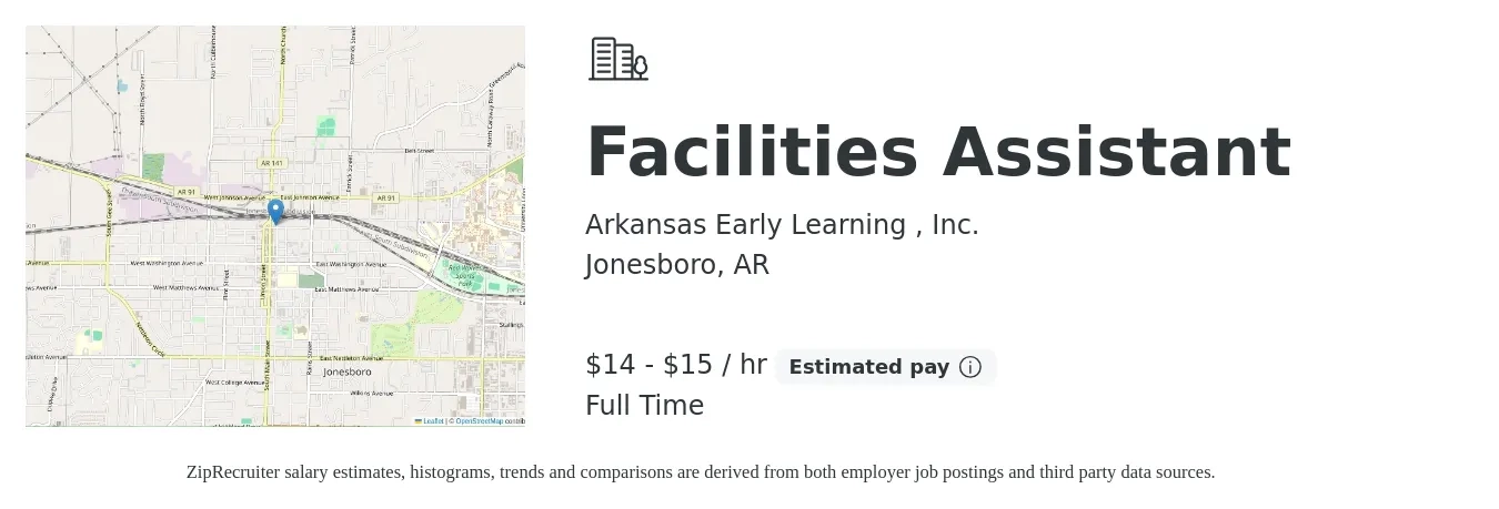 Arkansas Early Learning , Inc. job posting for a Facilities Assistant in Jonesboro, AR with a salary of $15 to $16 Hourly with a map of Jonesboro location.