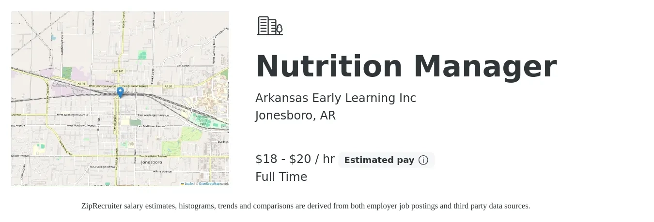 Arkansas Early Learning , Inc. job posting for a Nutrition Manager in Jonesboro, AR with a salary of $19 to $22 Hourly with a map of Jonesboro location.