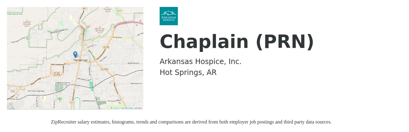 Arkansas Hospice, Inc. job posting for a Chaplain (PRN) in Hot Springs, AR with a salary of $39,400 to $65,000 Yearly with a map of Hot Springs location.
