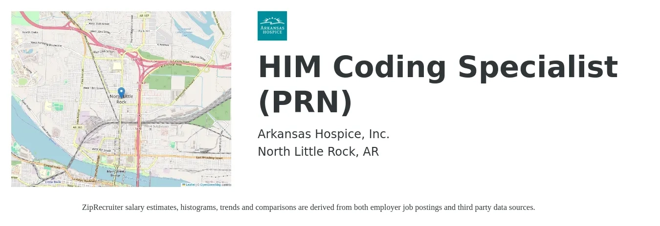 Arkansas Hospice, Inc. job posting for a HIM Coding Specialist (PRN) in North Little Rock, AR with a salary of $20 to $30 Hourly with a map of North Little Rock location.