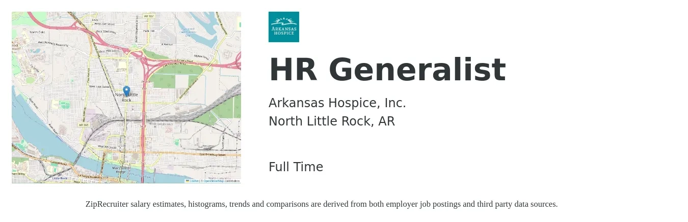 Arkansas Hospice, Inc. job posting for a HR Generalist in North Little Rock, AR with a salary of $44,400 to $63,200 Yearly with a map of North Little Rock location.