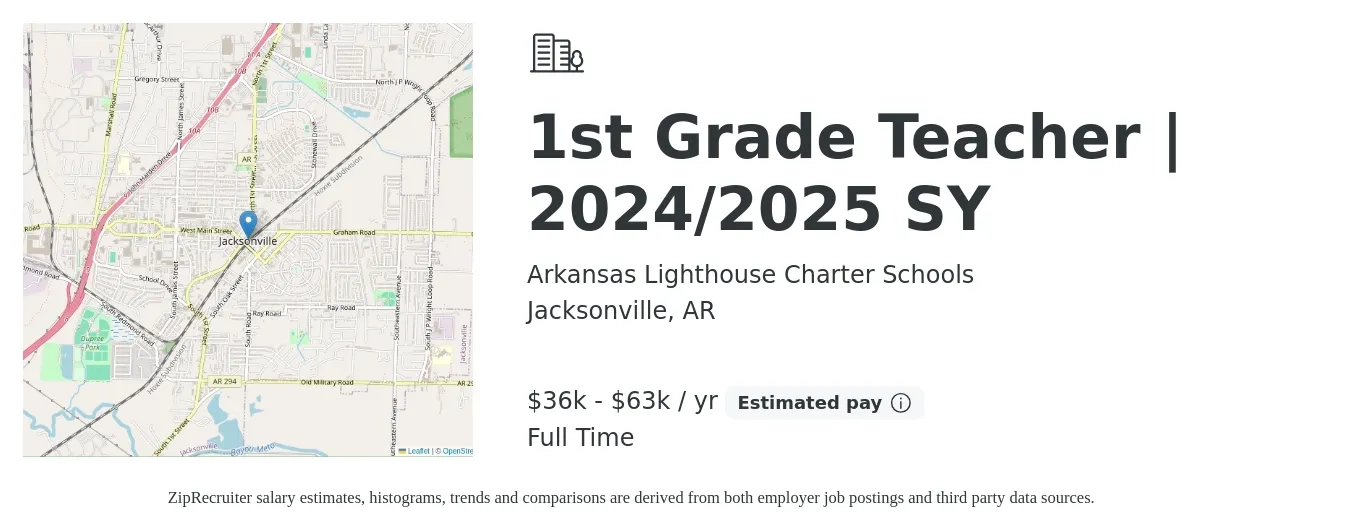 Arkansas Lighthouse Charter Schools job posting for a 1st Grade Teacher | 2024/2025 SY in Jacksonville, AR with a salary of $36,000 to $63,000 Yearly with a map of Jacksonville location.