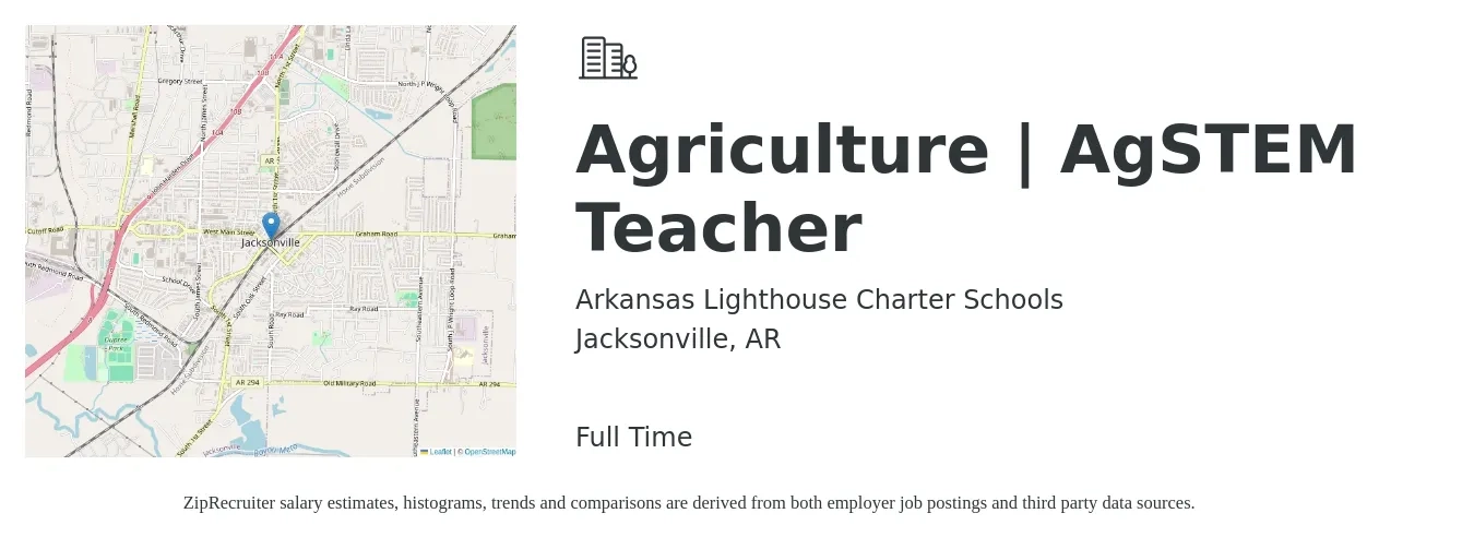 Arkansas Lighthouse Charter Schools job posting for a Agriculture | AgSTEM Teacher in Jacksonville, AR with a salary of $39,700 to $49,500 Yearly with a map of Jacksonville location.