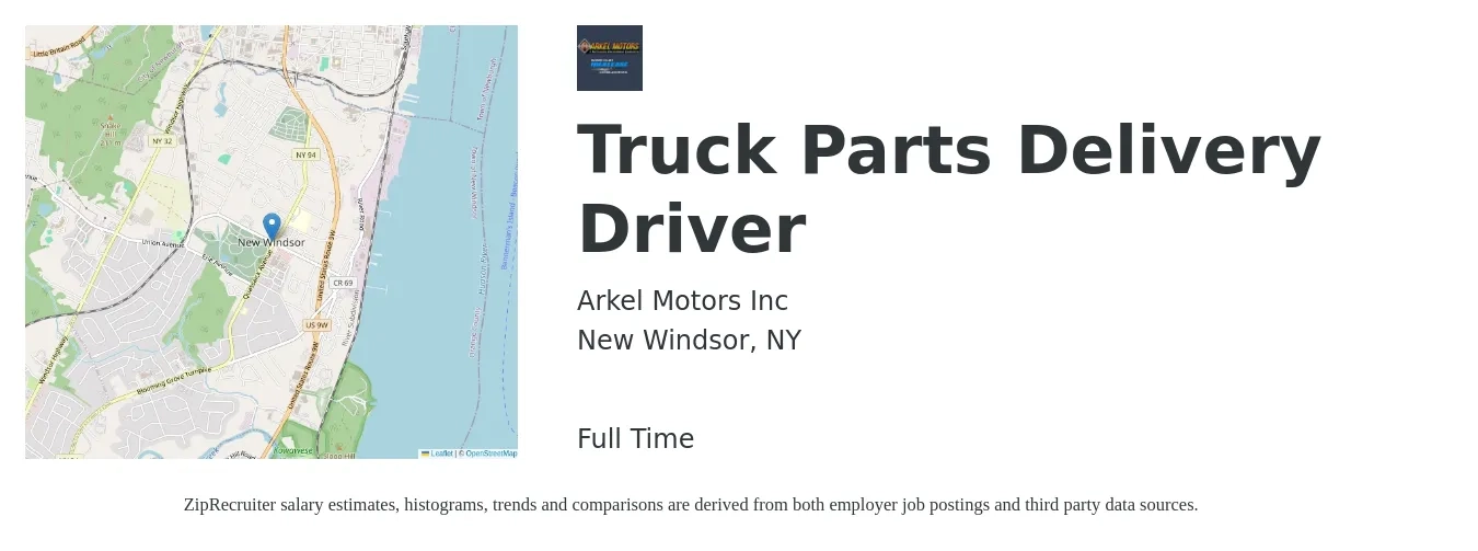 Arkel Motors Inc job posting for a Truck Parts Delivery Driver in New Windsor, NY with a salary of $25,000 to $30,000 Yearly with a map of New Windsor location.