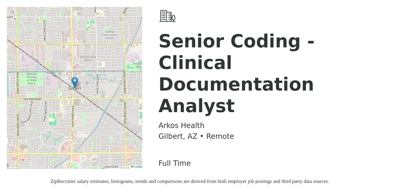 Arkos Health job posting for a Senior Coding - Clinical Documentation Analyst in Gilbert, AZ with a salary of $36 to $50 Hourly with a map of Gilbert location.