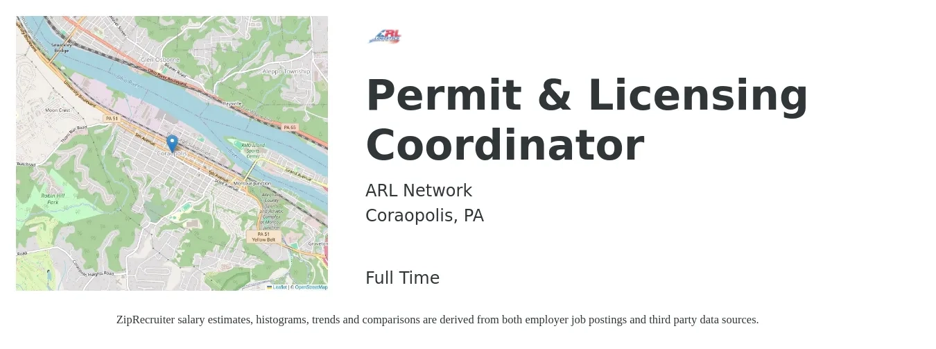 ARL Network job posting for a Permit & Licensing Coordinator in Coraopolis, PA with a salary of $20 to $25 Hourly with a map of Coraopolis location.