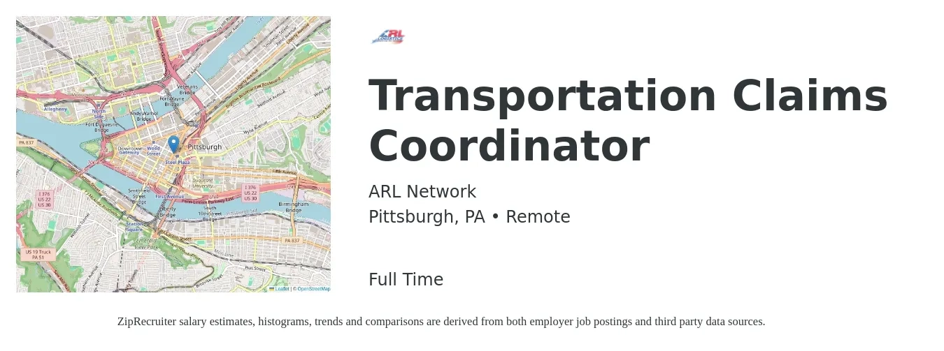 ARL Network job posting for a Transportation Claims Coordinator in Pittsburgh, PA with a salary of $20 to $25 Hourly with a map of Pittsburgh location.