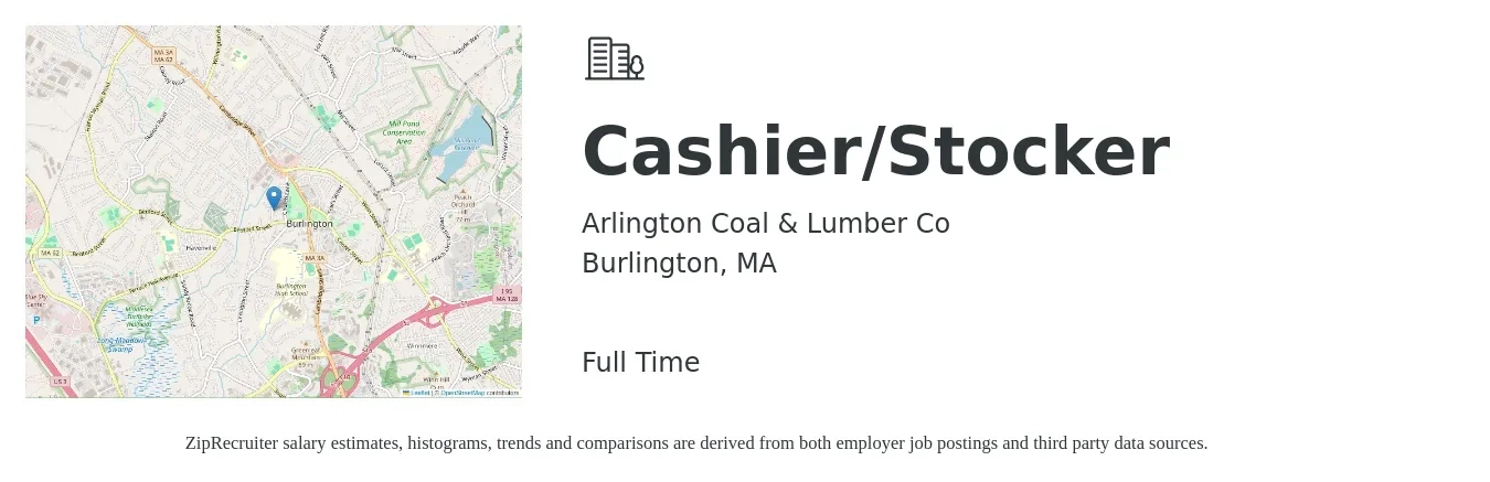 Arlington Coal & Lumber Co job posting for a Cashier/Stocker in Burlington, MA with a salary of $15 to $19 Hourly with a map of Burlington location.
