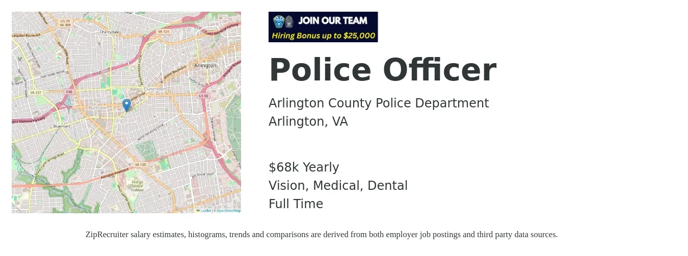 Arlington County Police Department job posting for a Police Officer in Arlington, VA with a salary of $68,504 Yearly and benefits including retirement, vision, dental, life_insurance, and medical with a map of Arlington location.