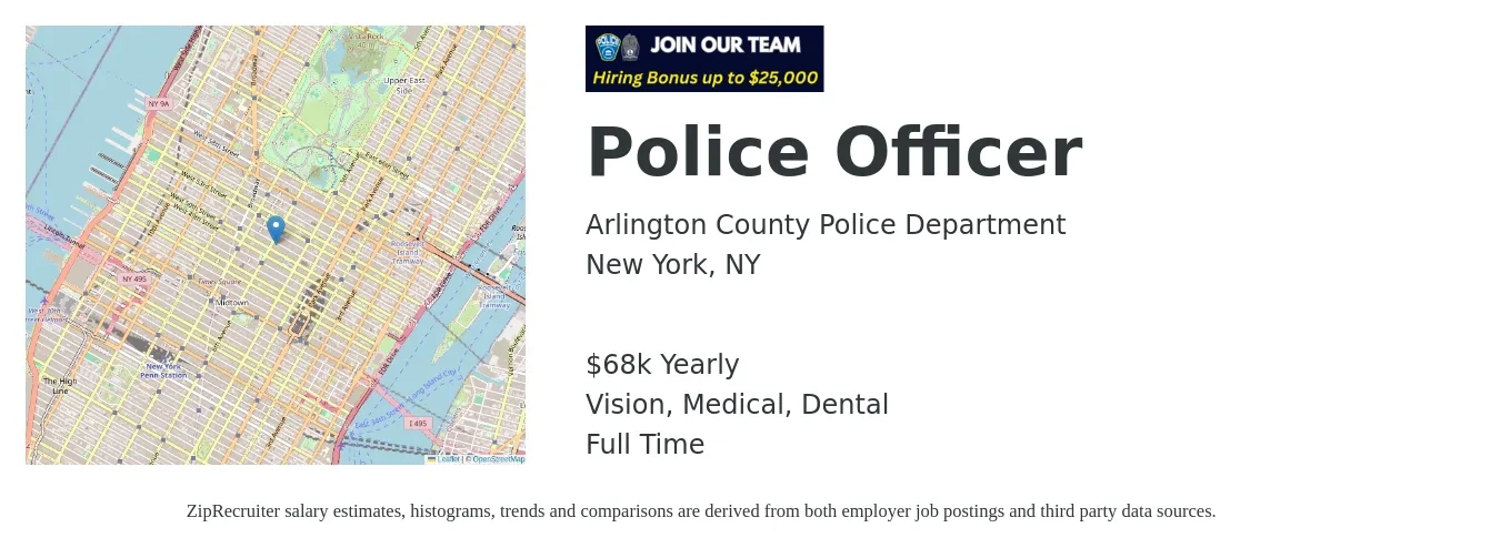 Arlington County Police Department job posting for a Police Officer in New York, NY with a salary of $68,504 Yearly and benefits including retirement, vision, dental, life_insurance, and medical with a map of New York location.