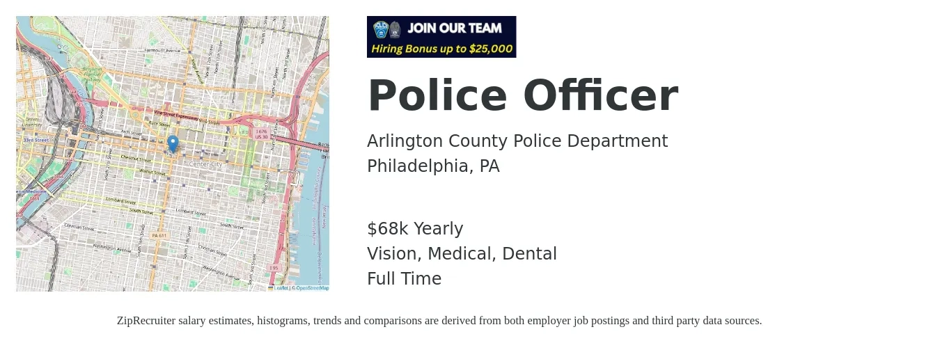 Arlington County Police Department job posting for a Police Officer in Philadelphia, PA with a salary of $68,504 Yearly and benefits including dental, life_insurance, medical, retirement, and vision with a map of Philadelphia location.