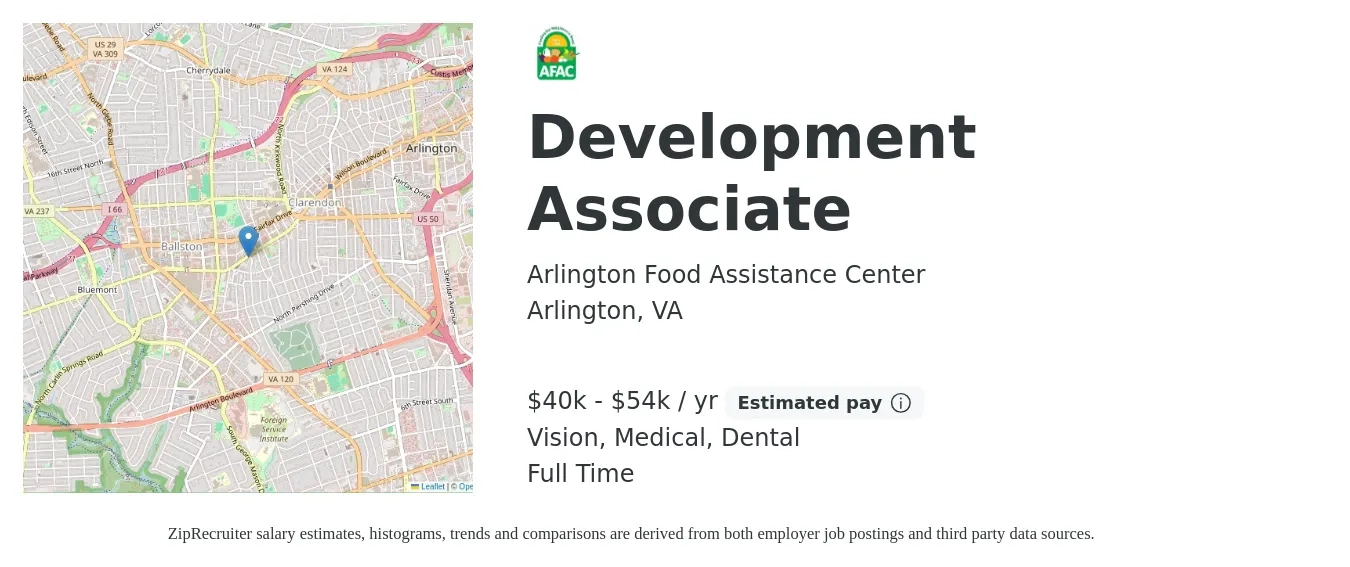 Arlington Food Assistance Center job posting for a Development Associate in Arlington, VA with a salary of $40,000 to $54,000 Yearly and benefits including dental, medical, pto, retirement, and vision with a map of Arlington location.