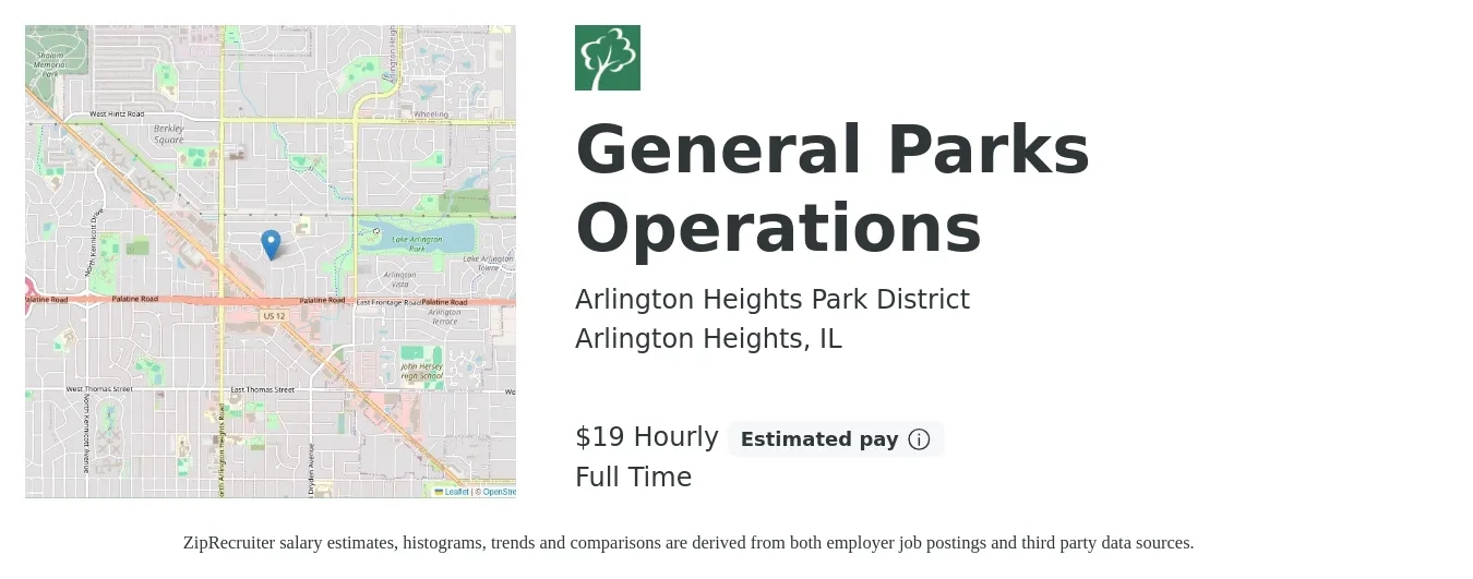 Arlington Heights Park District job posting for a General Parks Operations in Arlington Heights, IL with a salary of $20 Hourly with a map of Arlington Heights location.