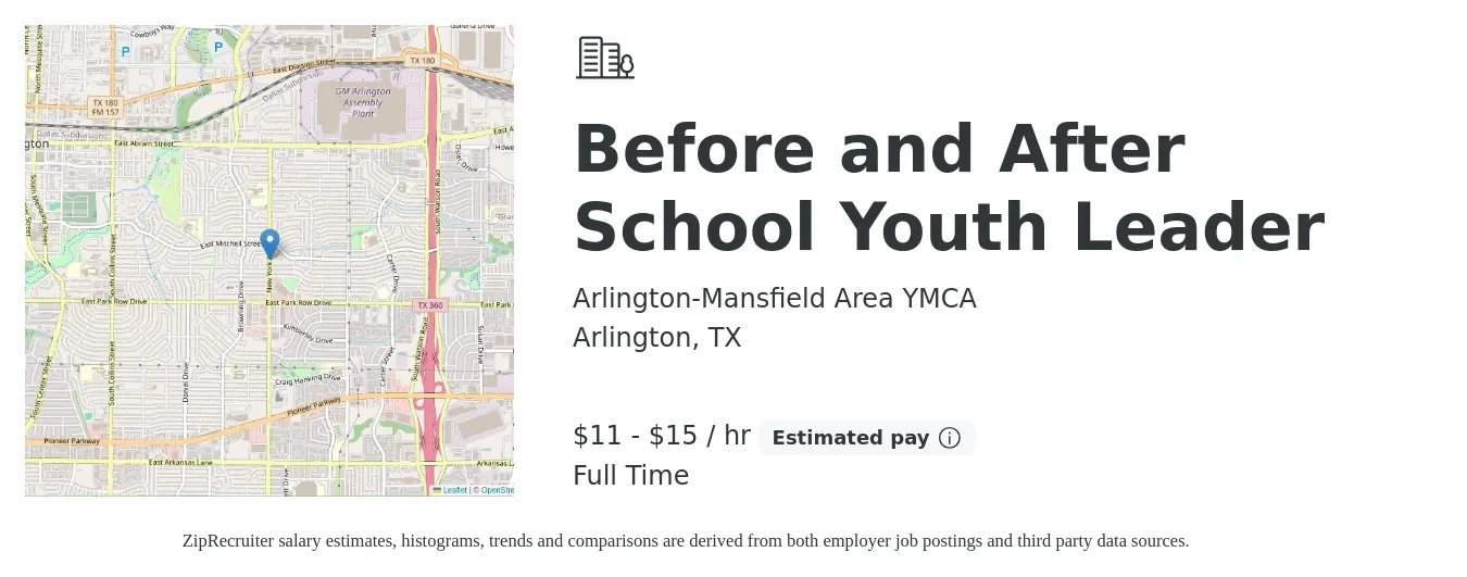 Arlington-Mansfield Area YMCA job posting for a Before and After School Youth Leader in Arlington, TX with a salary of $12 to $16 Hourly with a map of Arlington location.