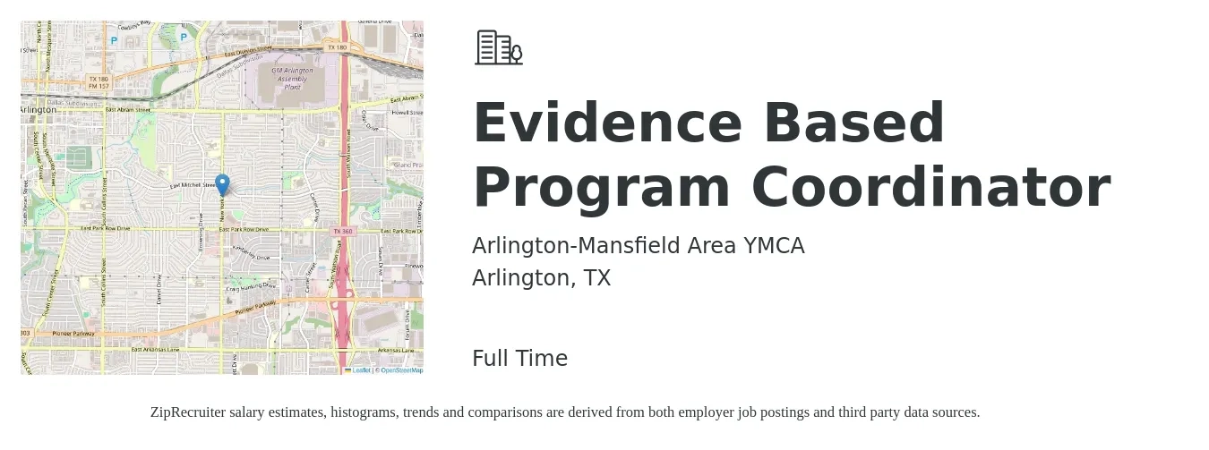 Arlington-Mansfield Area YMCA job posting for a Evidence Based Program Coordinator in Arlington, TX with a salary of $19 Hourly with a map of Arlington location.