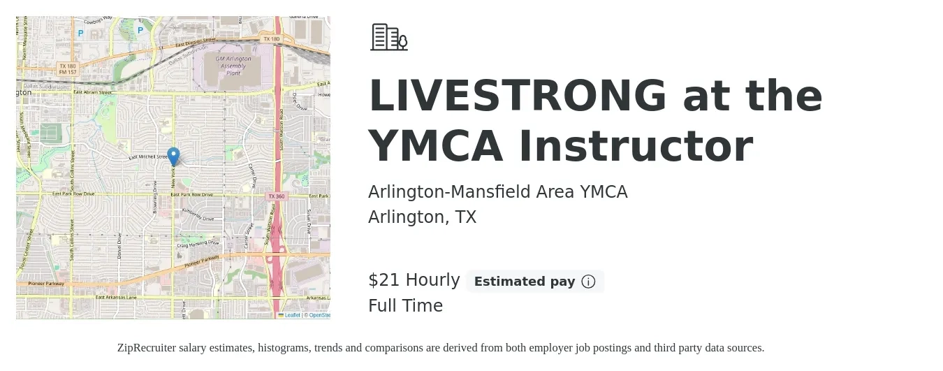 Arlington-Mansfield Area YMCA job posting for a LIVESTRONG at the YMCA Instructor in Arlington, TX with a salary of $22 Hourly with a map of Arlington location.