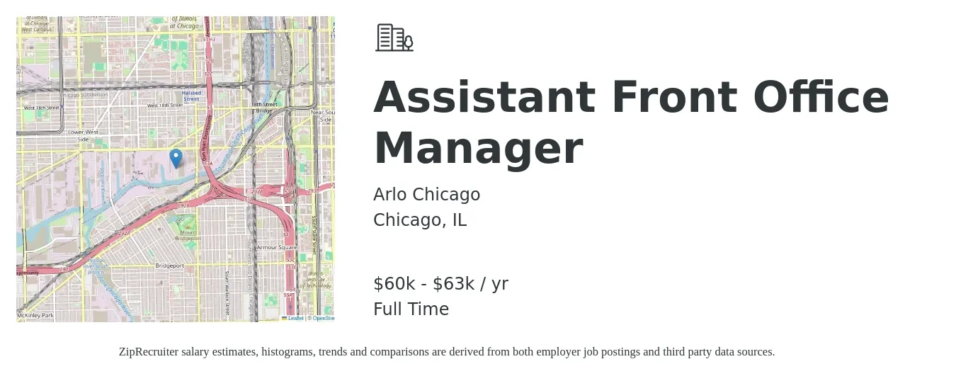 Arlo Chicago job posting for a Assistant Front Office Manager in Chicago, IL with a salary of $63,000 Yearly with a map of Chicago location.