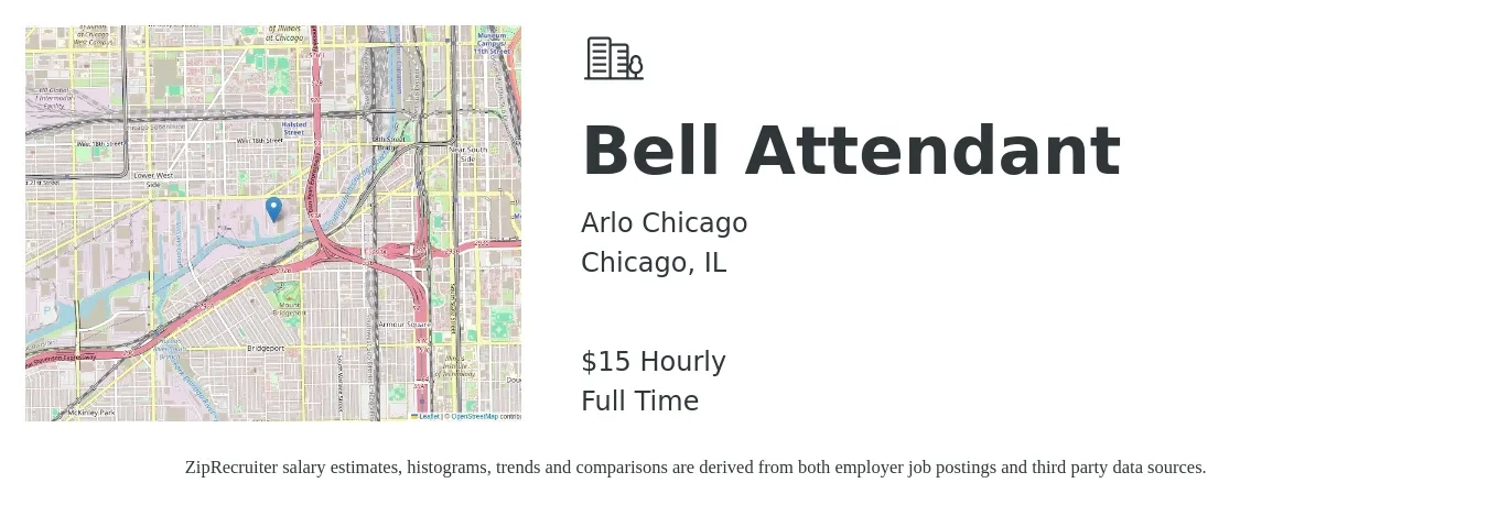 Arlo Chicago job posting for a Bell Attendant in Chicago, IL with a salary of $16 Hourly with a map of Chicago location.