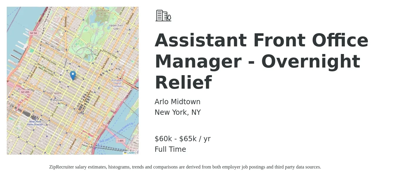 Arlo Midtown job posting for a Assistant Front Office Manager - Overnight Relief in New York, NY with a salary of $50,300 to $71,100 Yearly with a map of New York location.