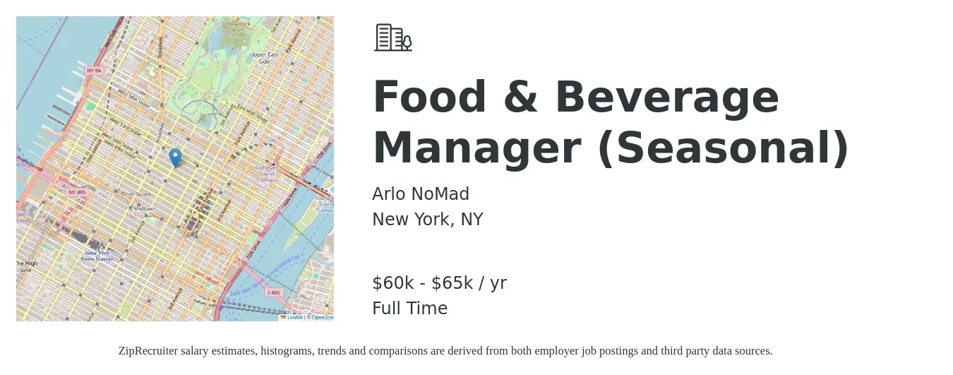 Arlo NoMad job posting for a Food & Beverage Manager (Seasonal) in New York, NY with a salary of $60,000 to $65,000 Yearly with a map of New York location.