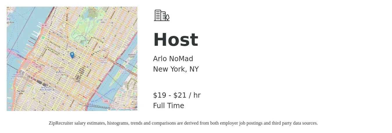 Arlo NoMad job posting for a Host in New York, NY with a salary of $20 to $22 Hourly with a map of New York location.