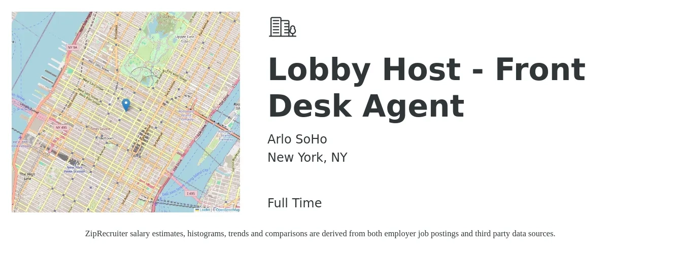 Arlo SoHo job posting for a Lobby Host - Front Desk Agent in New York, NY with a salary of $16 to $20 Hourly with a map of New York location.