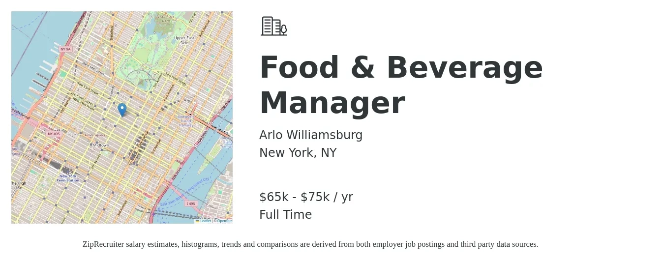 Arlo Williamsburg job posting for a Food & Beverage Manager in New York, NY with a salary of $65,000 to $75,000 Yearly with a map of New York location.