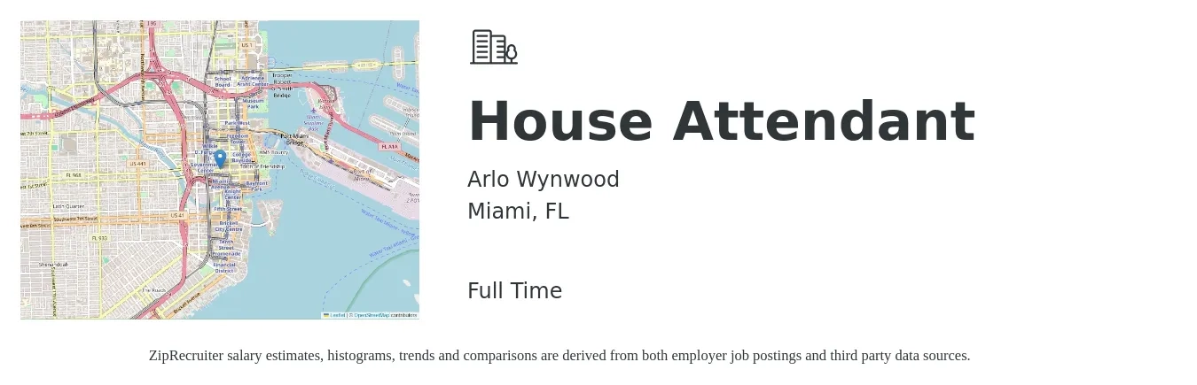 Arlo Wynwood job posting for a House Attendant in Miami, FL with a salary of $14 to $16 Hourly with a map of Miami location.
