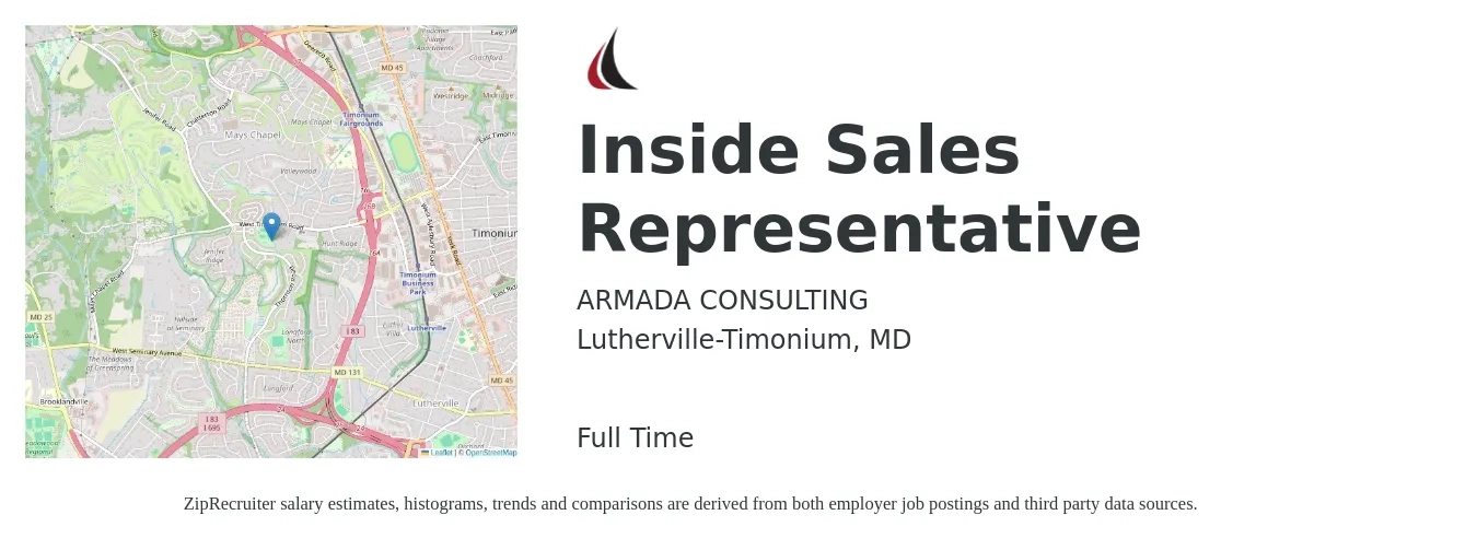 ARMADA CONSULTING job posting for a Inside Sales Representative in Lutherville-Timonium, MD with a salary of $38,000 to $56,800 Yearly with a map of Lutherville-Timonium location.