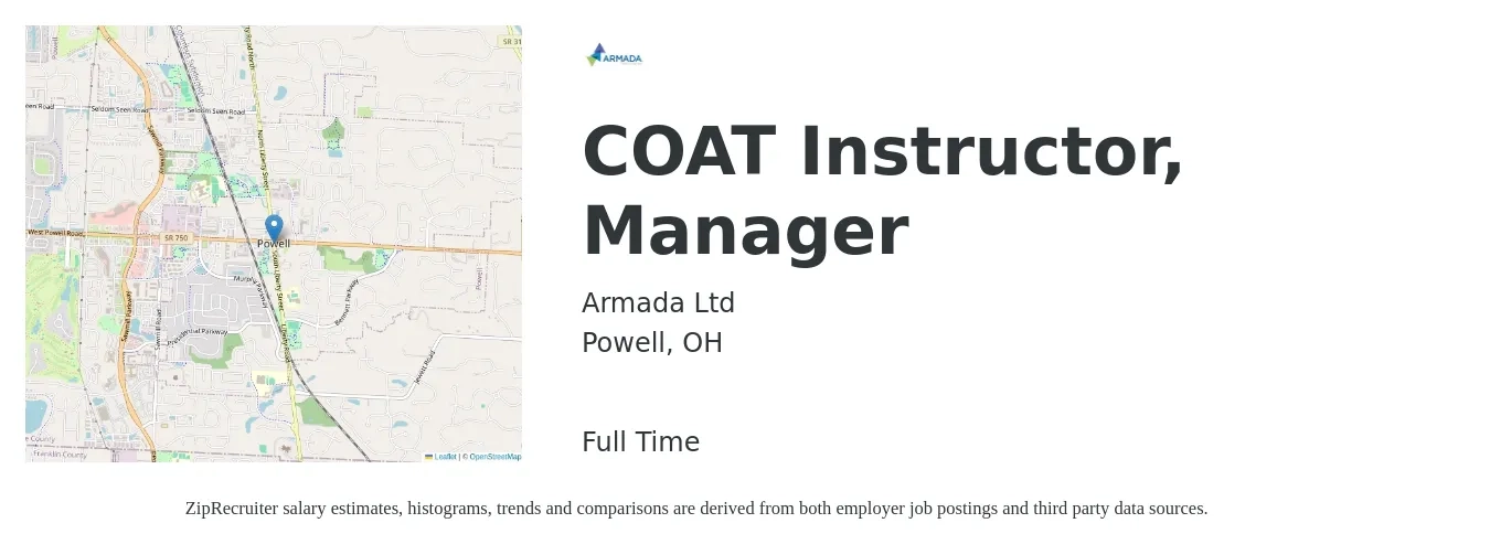Armada Ltd job posting for a COAT Instructor, Manager in Powell, OH with a salary of $14 to $23 Hourly with a map of Powell location.