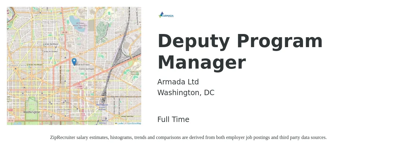 Armada Ltd job posting for a Deputy Program Manager in Washington, DC with a salary of $131,900 Yearly with a map of Washington location.
