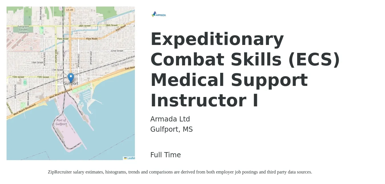 Armada Ltd job posting for a Expeditionary Combat Skills (ECS) Medical Support Instructor I in Gulfport, MS with a salary of $21 to $29 Hourly with a map of Gulfport location.