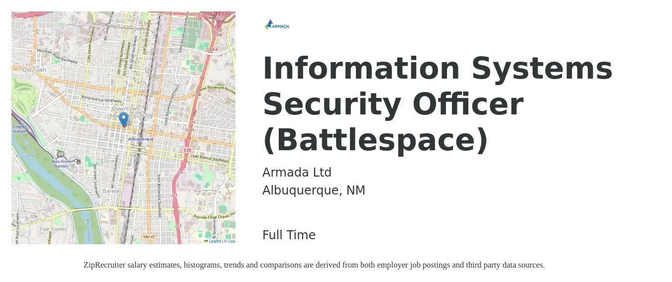 Armada Ltd job posting for a Information Systems Security Officer (Battlespace) in Albuquerque, NM with a salary of $92,100 to $133,800 Yearly with a map of Albuquerque location.