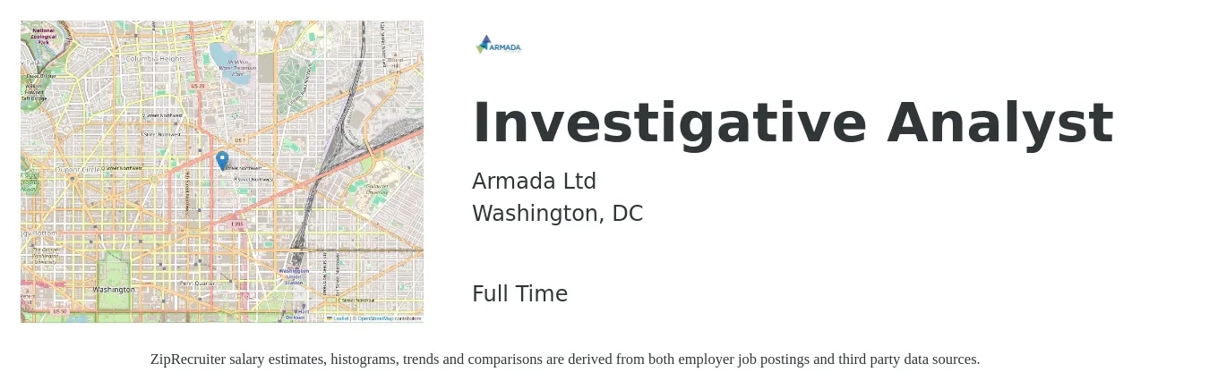 Armada Ltd job posting for a Investigative Analyst in Washington, DC with a salary of $78,100 to $111,500 Yearly with a map of Washington location.
