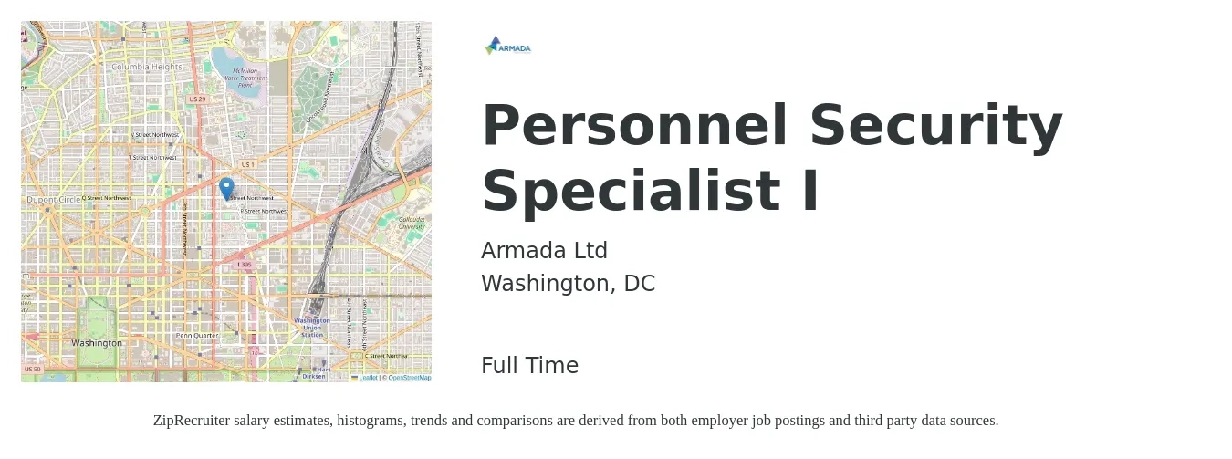 Armada Ltd job posting for a Personnel Security Specialist - I in Washington, DC with a salary of $52,700 to $111,500 Yearly with a map of Washington location.