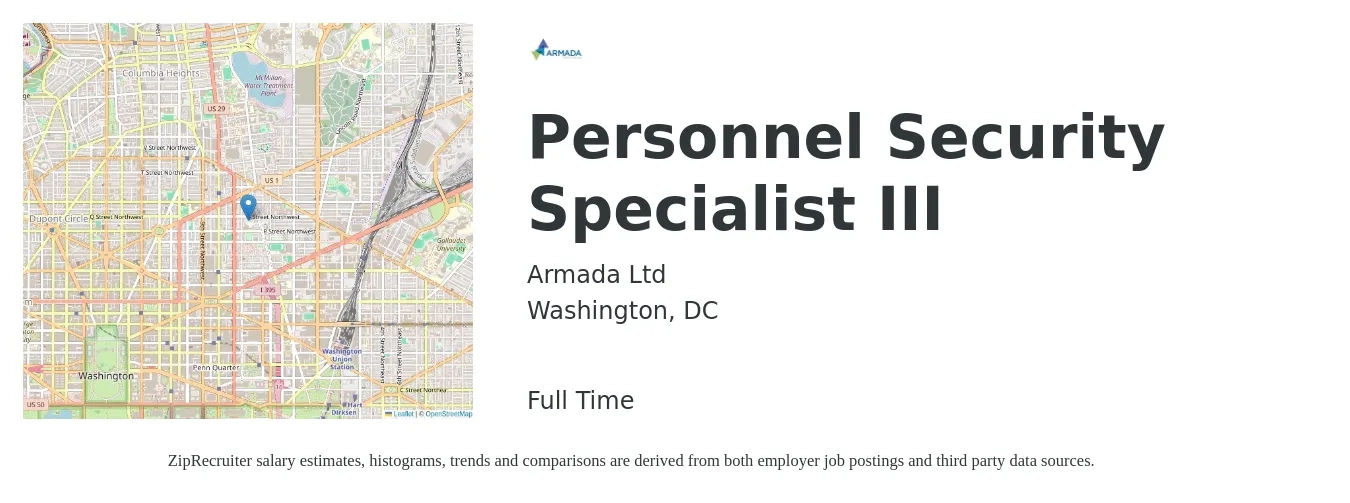 Armada Ltd job posting for a Personnel Security Specialist - III in Washington, DC with a salary of $52,700 to $111,500 Yearly with a map of Washington location.