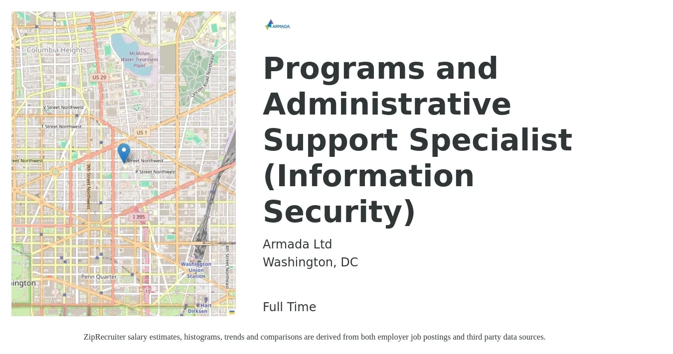 Armada Ltd job posting for a Programs and Administrative Support Specialist (Information Security) in Washington, DC with a salary of $47,600 to $80,400 Yearly with a map of Washington location.