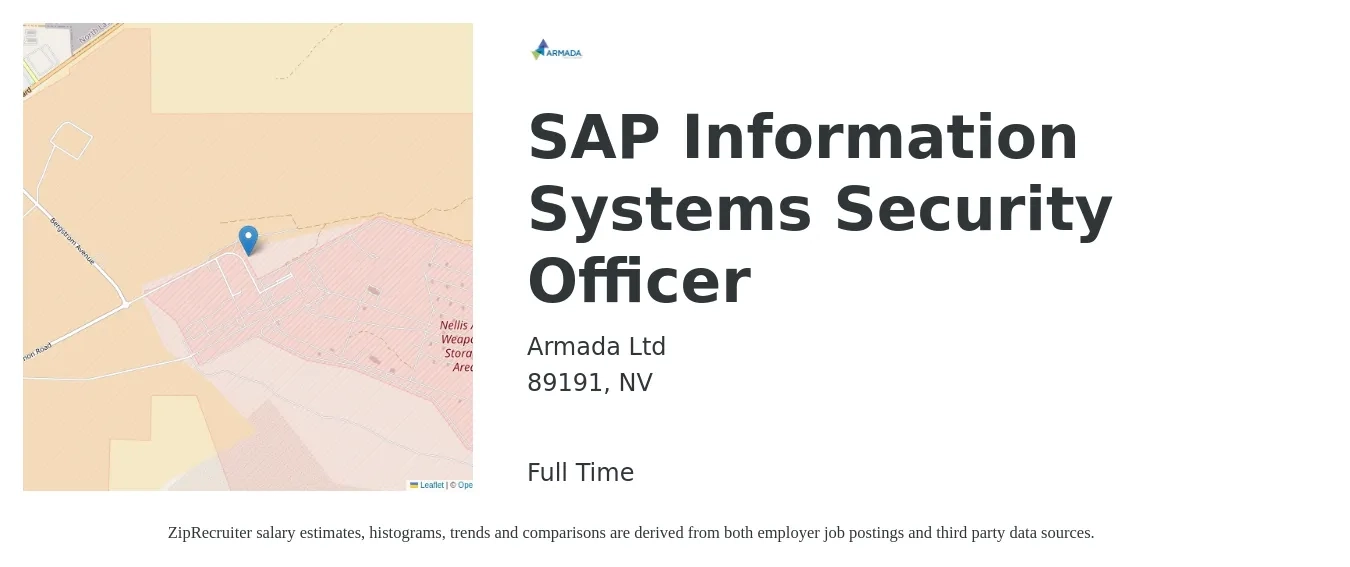 Armada Ltd job posting for a SAP Information Systems Security Officer in 89191, NV with a salary of $90,000 to $130,700 Yearly with a map of 89191 location.