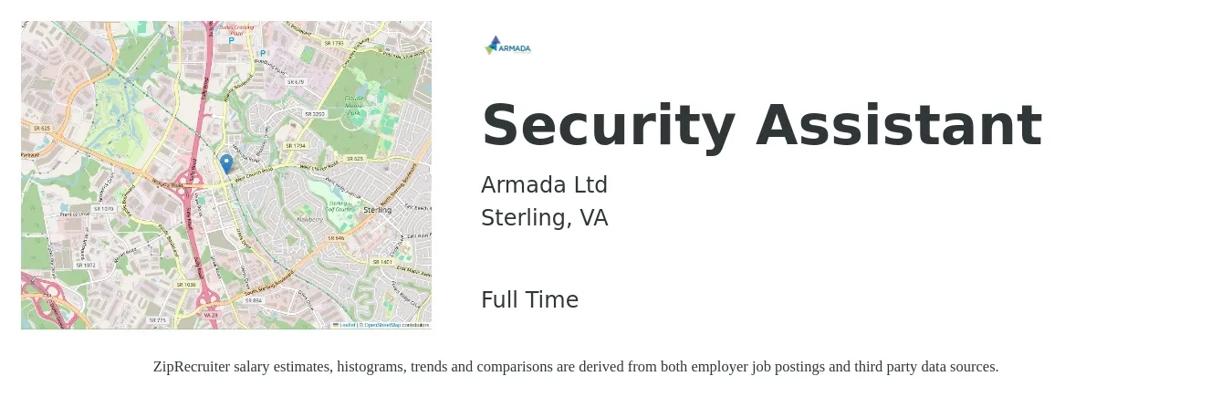 Armada Ltd job posting for a Security Assistant in Sterling, VA with a salary of $38,400 to $48,000 Yearly with a map of Sterling location.