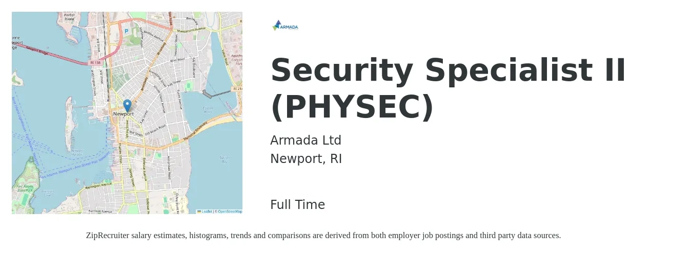 Armada Ltd job posting for a Security Specialist II (PHYSEC) in Newport, RI with a salary of $53,300 to $100,100 Yearly with a map of Newport location.