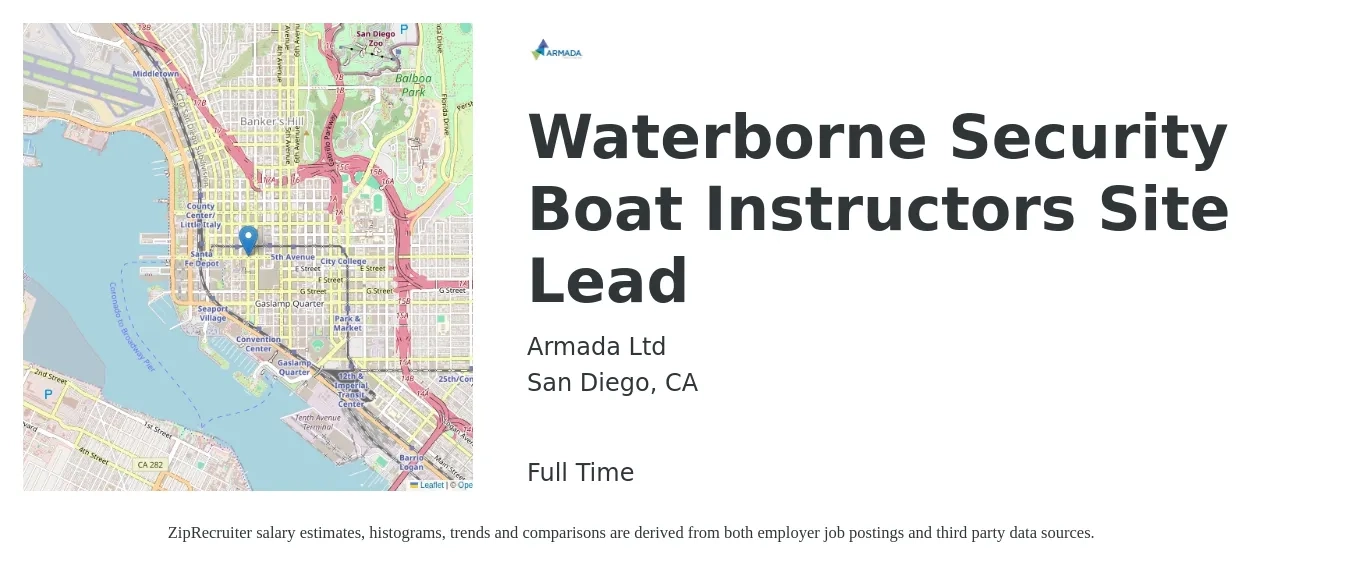 Armada Ltd job posting for a Waterborne Security Boat Instructors Site Lead in San Diego, CA with a salary of $45 to $47 Hourly with a map of San Diego location.