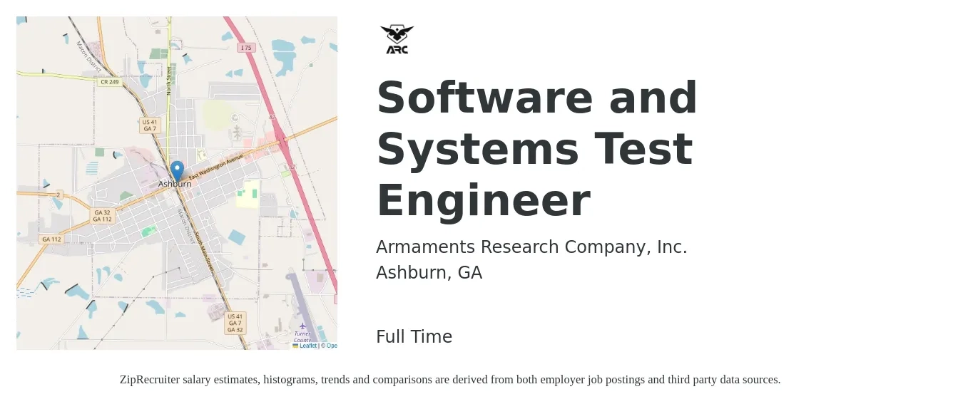 Armaments Research Company, Inc. job posting for a Software and Systems Test Engineer in Ashburn, GA with a salary of $36 to $50 Hourly with a map of Ashburn location.