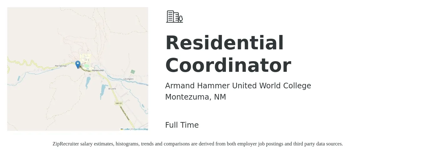 Armand Hammer United World College job posting for a Residential Coordinator in Montezuma, NM with a salary of $17 to $23 Hourly with a map of Montezuma location.