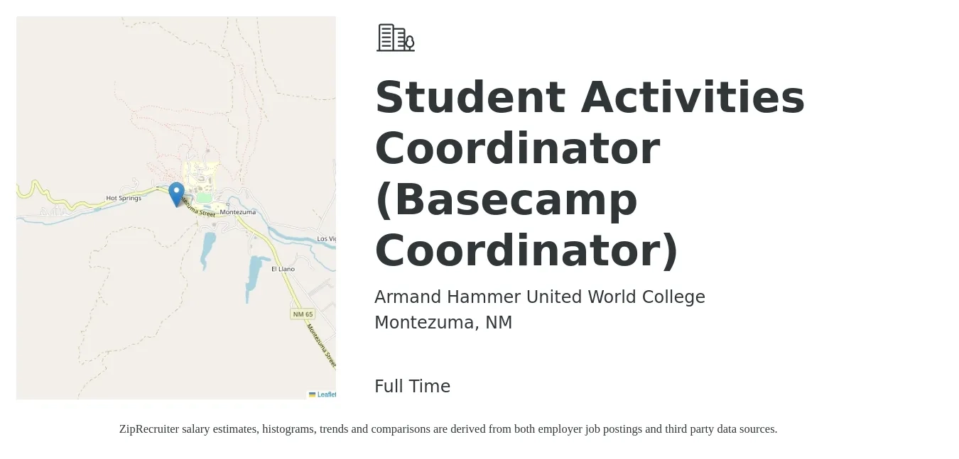 Armand Hammer United World College job posting for a Student Activities Coordinator (Basecamp Coordinator) in Montezuma, NM with a salary of $16 to $24 Hourly with a map of Montezuma location.
