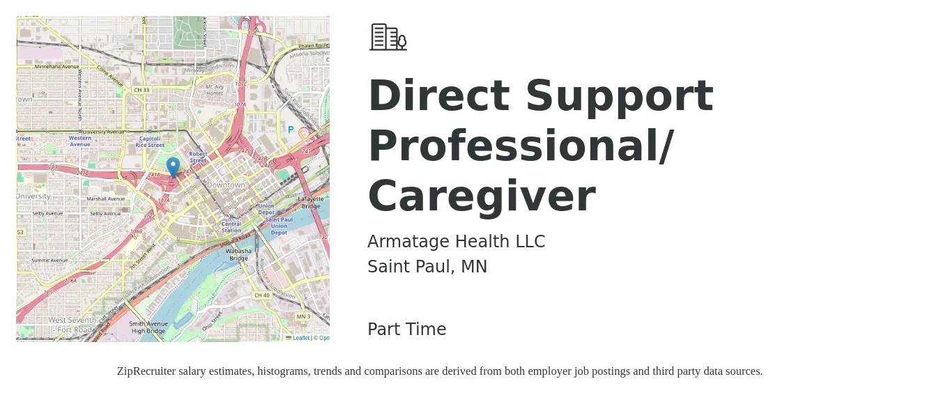 Armatage Health LLC job posting for a Direct Support Professional/ Caregiver in Saint Paul, MN with a salary of $14 to $18 Hourly with a map of Saint Paul location.