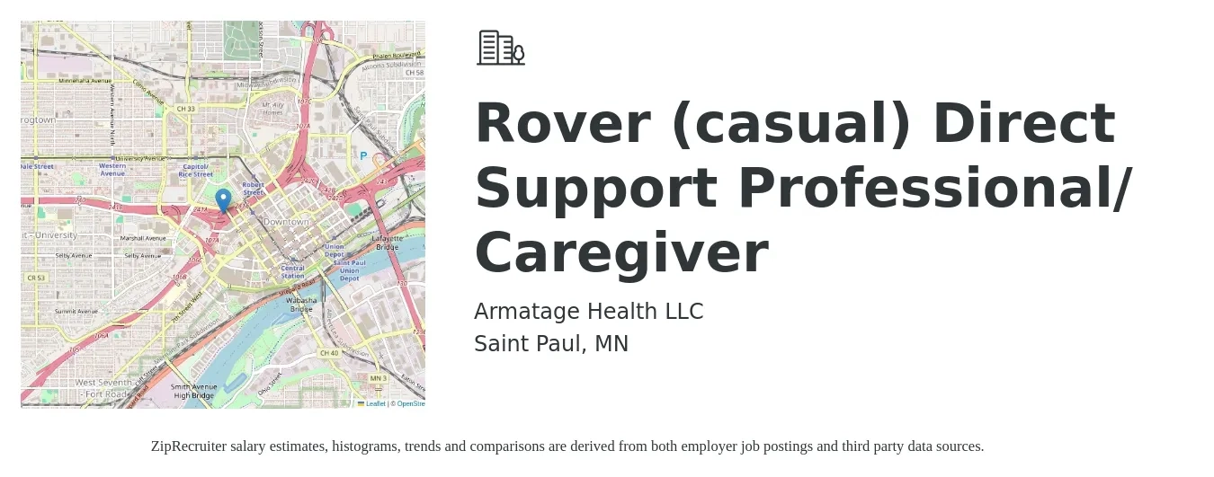 Armatage Health LLC job posting for a Rover (casual) Direct Support Professional/ Caregiver in Saint Paul, MN with a salary of $14 to $18 Hourly with a map of Saint Paul location.