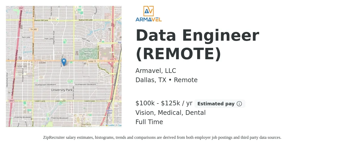 Armavel, LLC job posting for a Data Engineer REMOTE in Dallas, TX with a salary of $113,700 to $136,600 Yearly with a map of Dallas location.