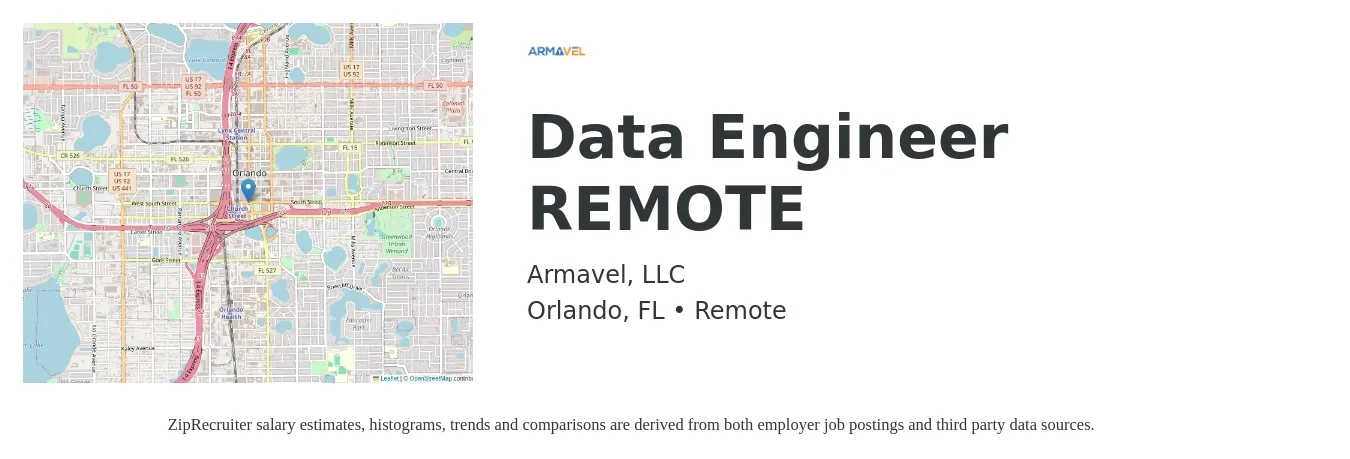 Armavel, LLC job posting for a Data Engineer (REMOTE) in Orlando, FL with a salary of $80,000 to $120,000 Yearly and benefits including vision, dental, life_insurance, medical, and retirement with a map of Orlando location.