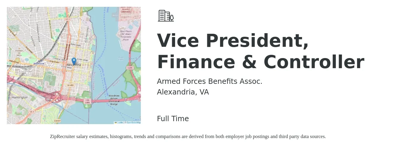 Armed Forces Benefits Assoc. job posting for a Vice President, Finance & Controller in Alexandria, VA with a salary of $145,900 to $212,200 Yearly with a map of Alexandria location.