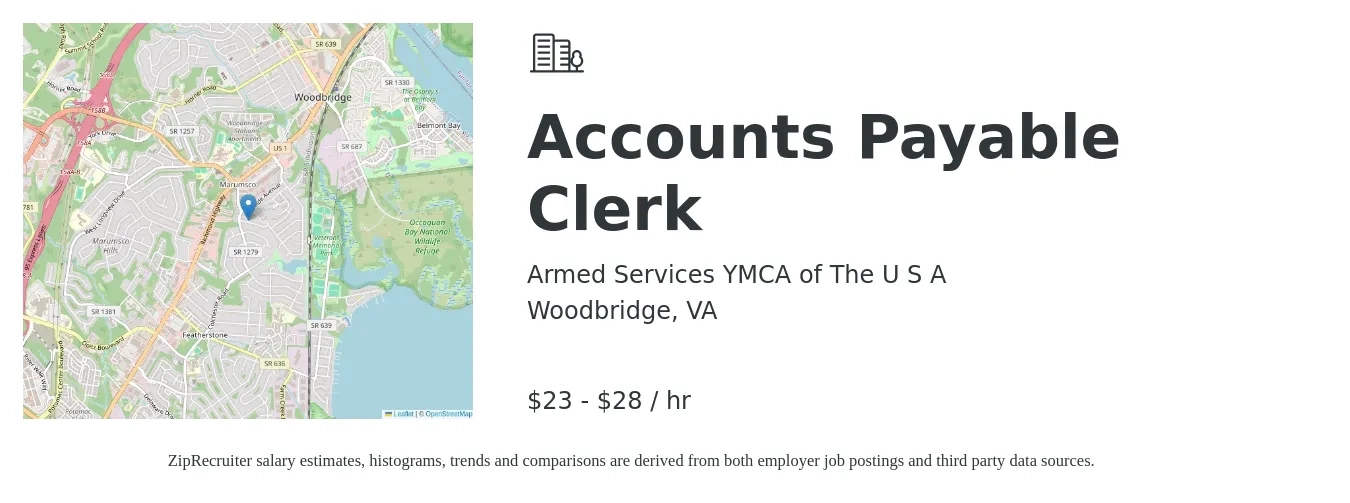 Armed Services YMCA of The U S A job posting for a Accounts Payable Clerk in Woodbridge, VA with a salary of $24 to $30 Hourly with a map of Woodbridge location.